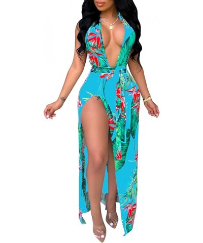 Women's Sexy Split Maxi Party Dress Deep V Neck Backless Floral Beach Cover Up Dress Light Blue1 $19.75 Swimsuits