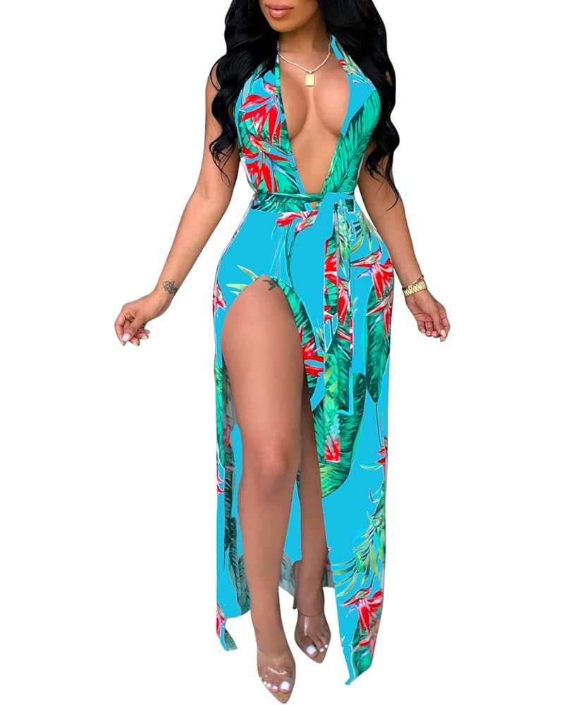 Women's Sexy Split Maxi Party Dress Deep V Neck Backless Floral Beach Cover Up Dress Light Blue1 $19.75 Swimsuits