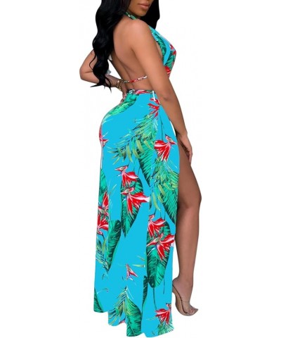 Women's Sexy Split Maxi Party Dress Deep V Neck Backless Floral Beach Cover Up Dress Light Blue1 $19.75 Swimsuits