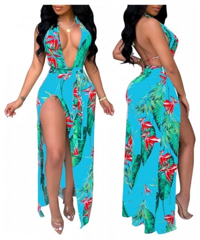 Women's Sexy Split Maxi Party Dress Deep V Neck Backless Floral Beach Cover Up Dress Light Blue1 $19.75 Swimsuits