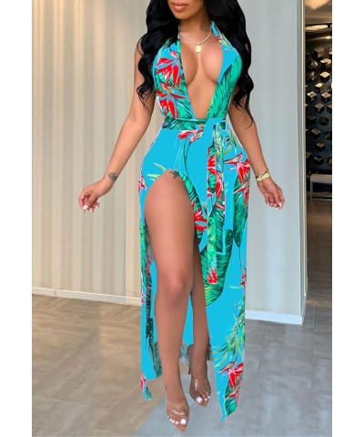 Women's Sexy Split Maxi Party Dress Deep V Neck Backless Floral Beach Cover Up Dress Light Blue1 $19.75 Swimsuits