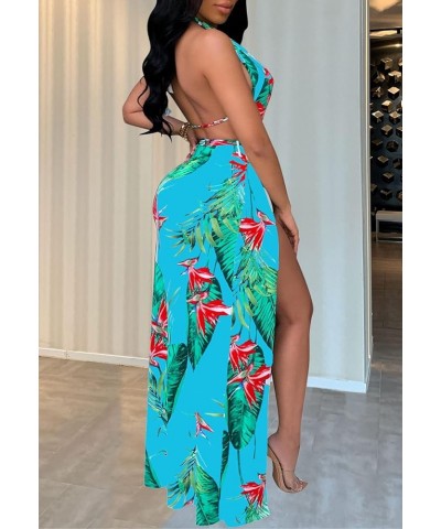 Women's Sexy Split Maxi Party Dress Deep V Neck Backless Floral Beach Cover Up Dress Light Blue1 $19.75 Swimsuits