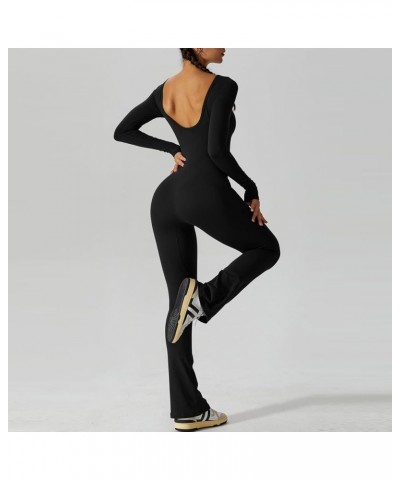 Flare Jumpsuit for Women Sexy Spring 2024 Jumpsuits Tummy Control Square Neck Overalls Cute Yoga Long Sleeve Rompers 3 black ...