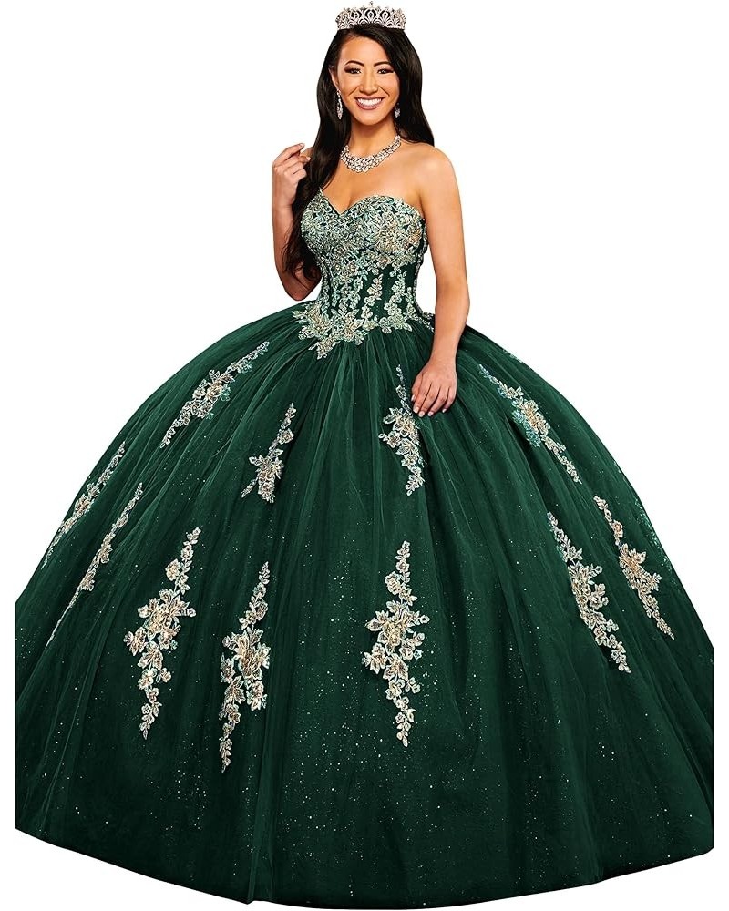 Sparkly Tulle Quinceanera Dresses Ball Gown Lace Back Appliques Beaded Corset Sweetheart Puffy Sweet 16 Dresses Emerald Green...