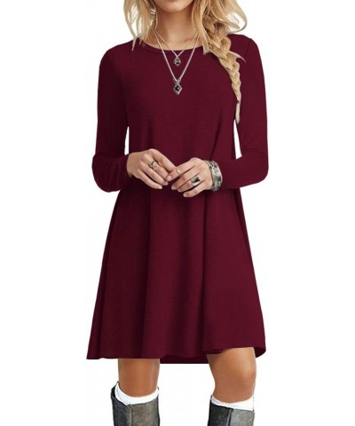 Women's Long Sleeve T Shirt Dresses Casual Swing Dress Wine Red $10.50 Dresses