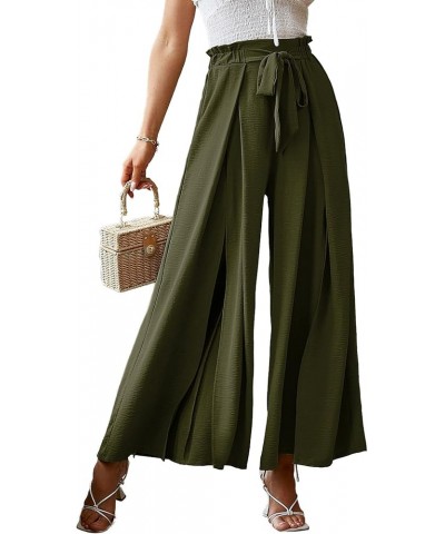 Women's Boho Linen Flowy High Waisted Pants Elegant Split Stripe Wide Leg Pants Solid-With Slit Solid-olive Green $17.15 Pants