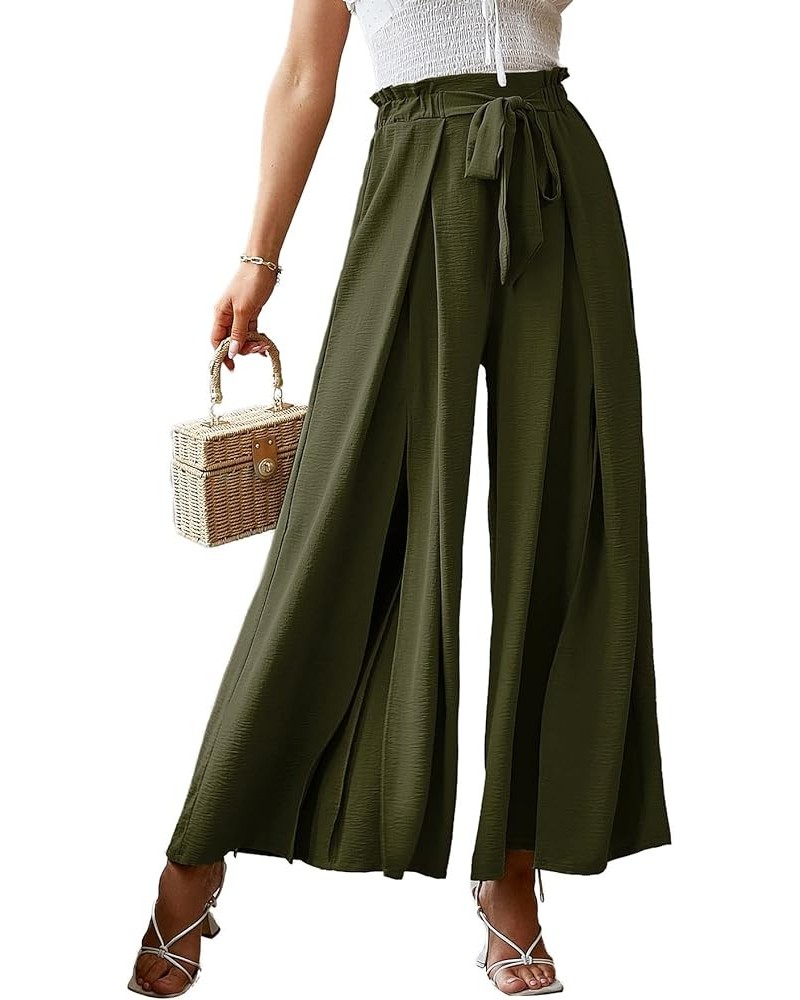 Women's Boho Linen Flowy High Waisted Pants Elegant Split Stripe Wide Leg Pants Solid-With Slit Solid-olive Green $17.15 Pants