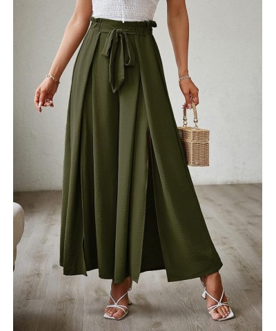 Women's Boho Linen Flowy High Waisted Pants Elegant Split Stripe Wide Leg Pants Solid-With Slit Solid-olive Green $17.15 Pants