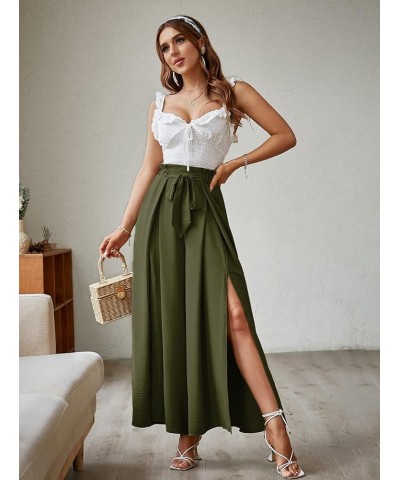 Women's Boho Linen Flowy High Waisted Pants Elegant Split Stripe Wide Leg Pants Solid-With Slit Solid-olive Green $17.15 Pants