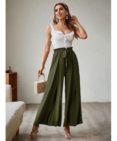 Women's Boho Linen Flowy High Waisted Pants Elegant Split Stripe Wide Leg Pants Solid-With Slit Solid-olive Green $17.15 Pants