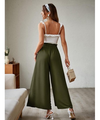 Women's Boho Linen Flowy High Waisted Pants Elegant Split Stripe Wide Leg Pants Solid-With Slit Solid-olive Green $17.15 Pants