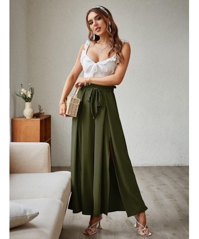 Women's Boho Linen Flowy High Waisted Pants Elegant Split Stripe Wide Leg Pants Solid-With Slit Solid-olive Green $17.15 Pants