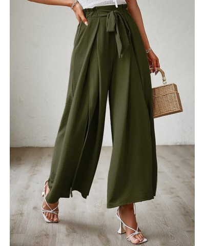 Women's Boho Linen Flowy High Waisted Pants Elegant Split Stripe Wide Leg Pants Solid-With Slit Solid-olive Green $17.15 Pants