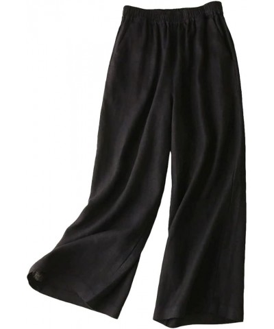 Women's Linen Pants Elastic Wasit Wide Leg Long Palazzo Pants Trousers Black $28.31 Pants