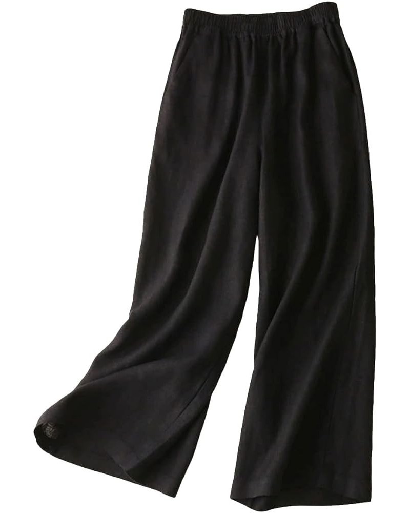 Women's Linen Pants Elastic Wasit Wide Leg Long Palazzo Pants Trousers Black $28.31 Pants