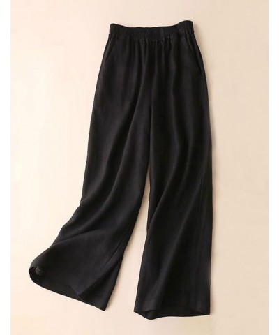 Women's Linen Pants Elastic Wasit Wide Leg Long Palazzo Pants Trousers Black $28.31 Pants