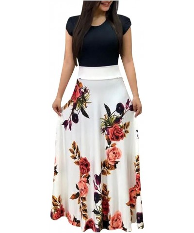 Floral Dress for Women 2024 Fashion, Short Sleeve Round Neck Casual Summer Flowy Maxi Dresses High Waist Long Dress White B $...