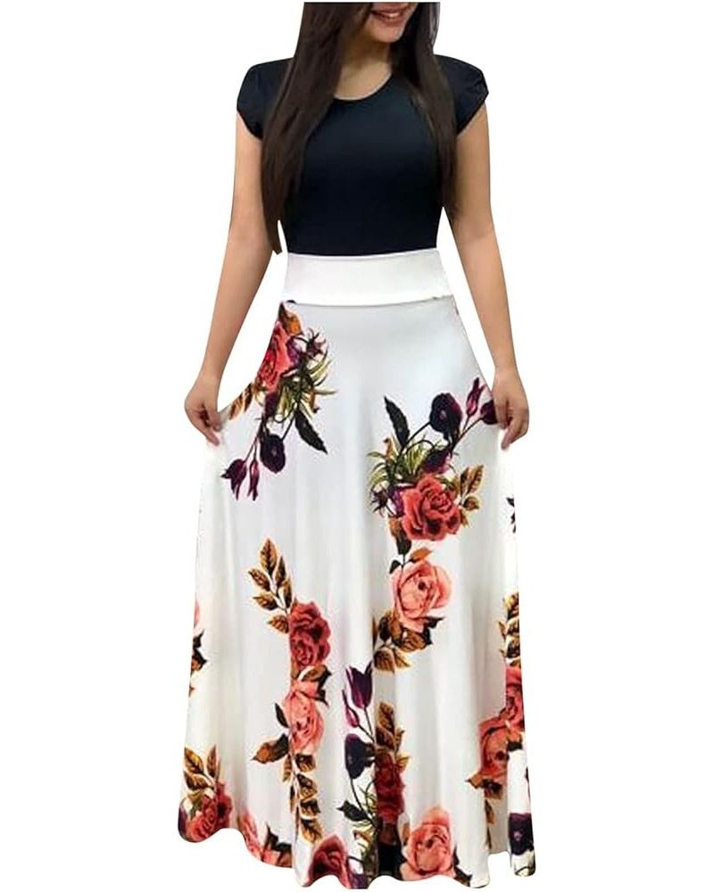 Floral Dress for Women 2024 Fashion, Short Sleeve Round Neck Casual Summer Flowy Maxi Dresses High Waist Long Dress White B $...