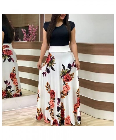 Floral Dress for Women 2024 Fashion, Short Sleeve Round Neck Casual Summer Flowy Maxi Dresses High Waist Long Dress White B $...