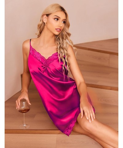 Women's Satin Nightgown V-neck Lace Chemise Sleepwear Soft Lingerie for Women S-XXL Rose Pink $11.00 Sleep & Lounge