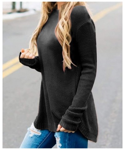 Womens 2023 Fall Sweaters Crew Neck Long Sleeve Oversized Sweater Trendy Split Hem Knitted Pullover Tops Black $10.56 Sweaters