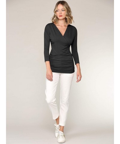 Women's 3/4 Sleeve Cross Front Wrapped V Neck Top S-3XL Wt1255_black $9.56 Tops