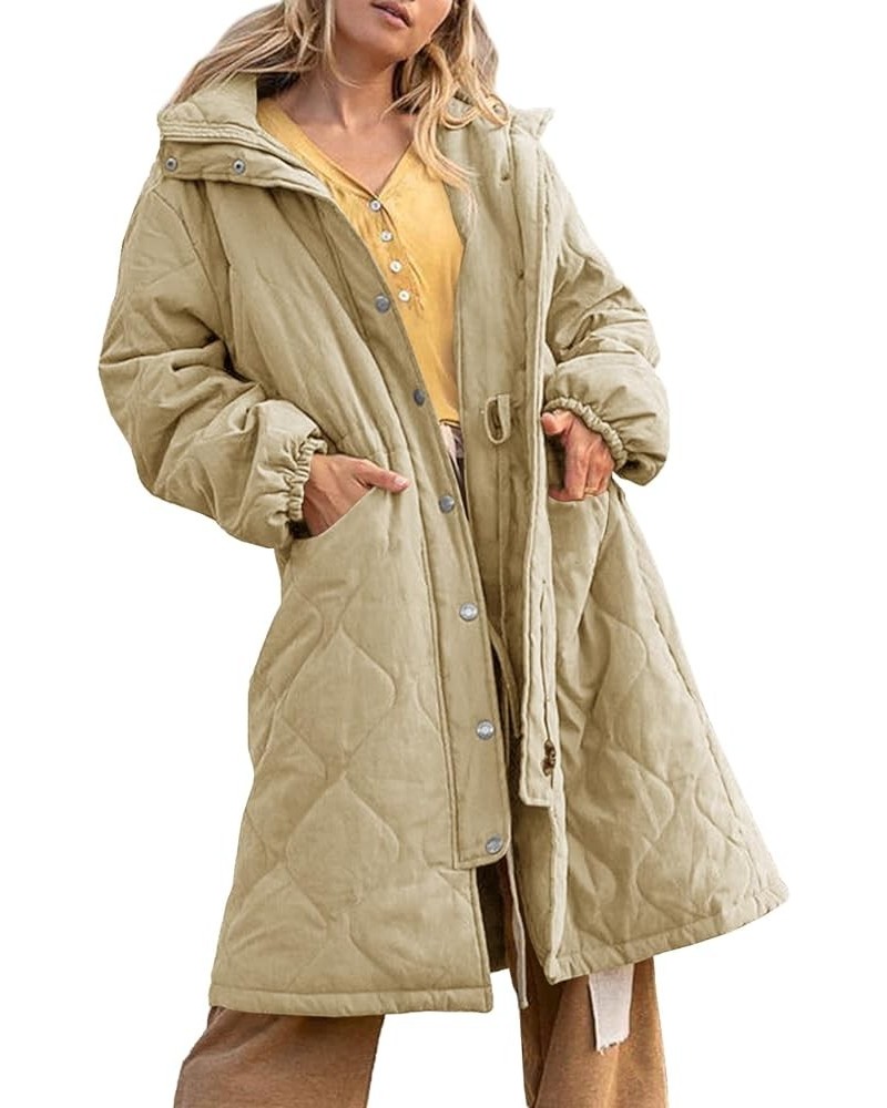 Women's Long Quilted Jackets Padded Zipper Button Up Hooded Coats Drawstring Waist Outerwear with Pockets Khaki $20.50 Jackets