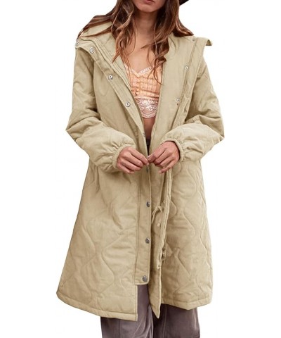 Women's Long Quilted Jackets Padded Zipper Button Up Hooded Coats Drawstring Waist Outerwear with Pockets Khaki $20.50 Jackets