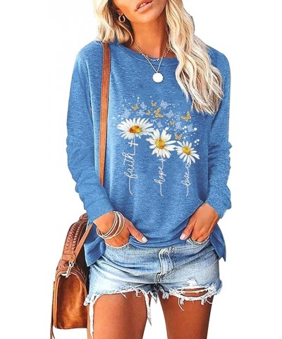 Womens Casual Long Sleeve Tunic Tops Funny Letter Sunflower Print Side Split Loose Fit Pullover T Shirts Blue $14.49 Tops