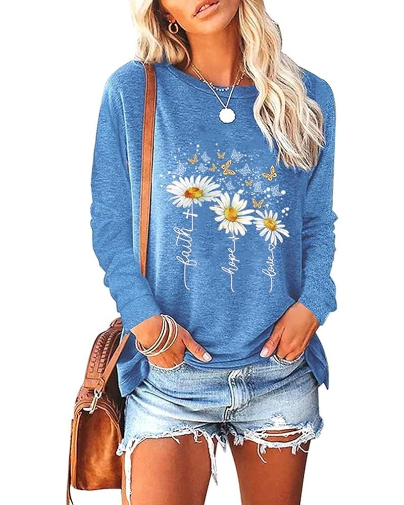 Womens Casual Long Sleeve Tunic Tops Funny Letter Sunflower Print Side Split Loose Fit Pullover T Shirts Blue $14.49 Tops