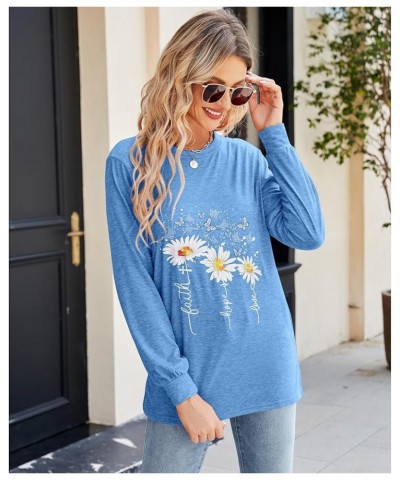 Womens Casual Long Sleeve Tunic Tops Funny Letter Sunflower Print Side Split Loose Fit Pullover T Shirts Blue $14.49 Tops