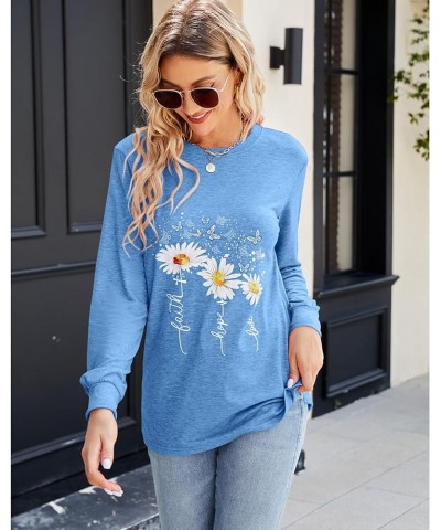 Womens Casual Long Sleeve Tunic Tops Funny Letter Sunflower Print Side Split Loose Fit Pullover T Shirts Blue $14.49 Tops