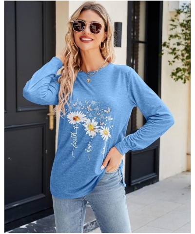 Womens Casual Long Sleeve Tunic Tops Funny Letter Sunflower Print Side Split Loose Fit Pullover T Shirts Blue $14.49 Tops