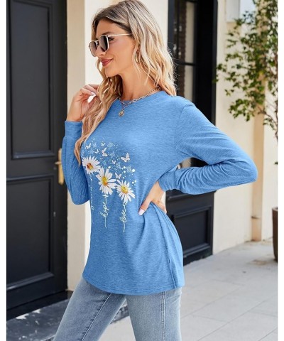 Womens Casual Long Sleeve Tunic Tops Funny Letter Sunflower Print Side Split Loose Fit Pullover T Shirts Blue $14.49 Tops