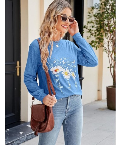 Womens Casual Long Sleeve Tunic Tops Funny Letter Sunflower Print Side Split Loose Fit Pullover T Shirts Blue $14.49 Tops