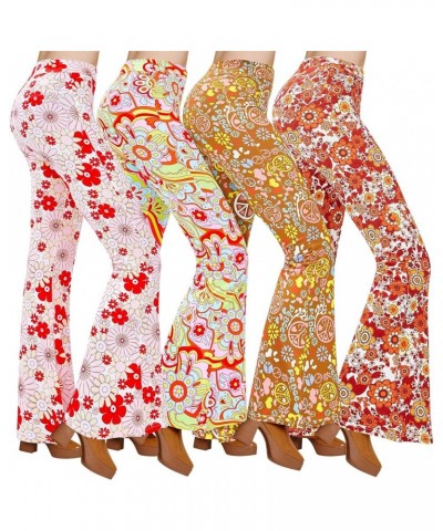 4 Pcs Women's Flare Pants Boho High Waist Bell Bottom Wide Leg Yoga Leggings 70s Print Palazzo Pants Trousers Flower Style Sm...