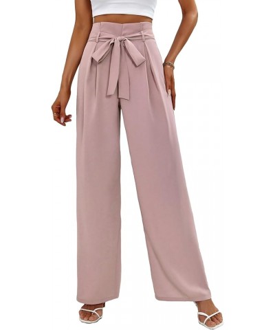 Women's Solid High Waist Belted Palazzo Trousers Work Wide Leg Suit Pants Dusty Pink $14.24 Pants