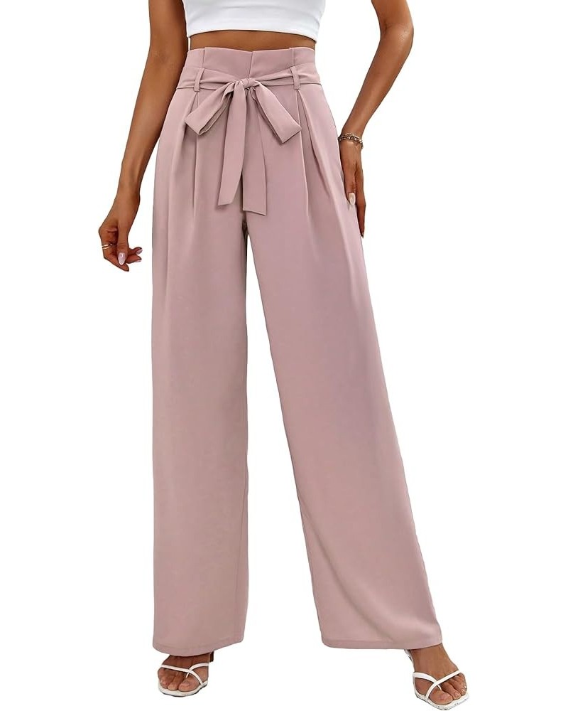 Women's Solid High Waist Belted Palazzo Trousers Work Wide Leg Suit Pants Dusty Pink $14.24 Pants