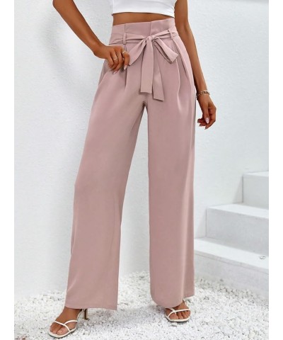 Women's Solid High Waist Belted Palazzo Trousers Work Wide Leg Suit Pants Dusty Pink $14.24 Pants