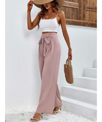 Women's Solid High Waist Belted Palazzo Trousers Work Wide Leg Suit Pants Dusty Pink $14.24 Pants