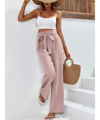 Women's Solid High Waist Belted Palazzo Trousers Work Wide Leg Suit Pants Dusty Pink $14.24 Pants