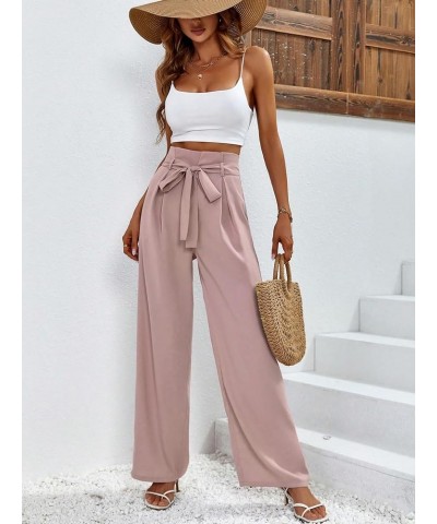 Women's Solid High Waist Belted Palazzo Trousers Work Wide Leg Suit Pants Dusty Pink $14.24 Pants