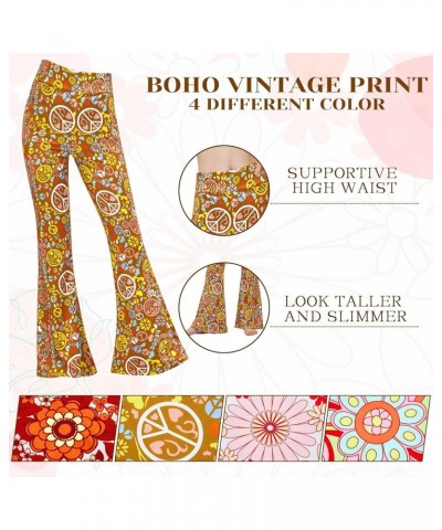 4 Pcs Women's Flare Pants Boho High Waist Bell Bottom Wide Leg Yoga Leggings 70s Print Palazzo Pants Trousers Flower Style Sm...