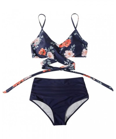 Women Wrap Bikini Set Push Up High Waisted 2 Piece Swimsuits 87 Vintage Blue Floral $21.06 Swimsuits