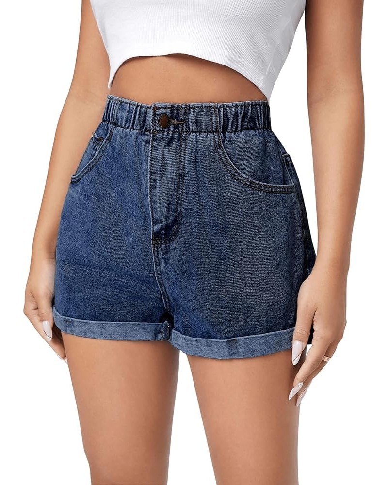 Women's Casual High Waisted Wide Leg Denim Shorts Cuffed Hem Zipper Denim Jeans Shorts Dark Washed $25.19 Shorts