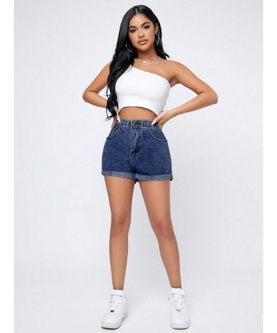 Women's Casual High Waisted Wide Leg Denim Shorts Cuffed Hem Zipper Denim Jeans Shorts Dark Washed $25.19 Shorts