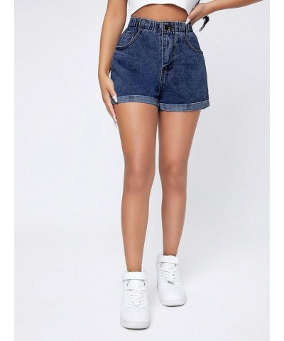 Women's Casual High Waisted Wide Leg Denim Shorts Cuffed Hem Zipper Denim Jeans Shorts Dark Washed $25.19 Shorts