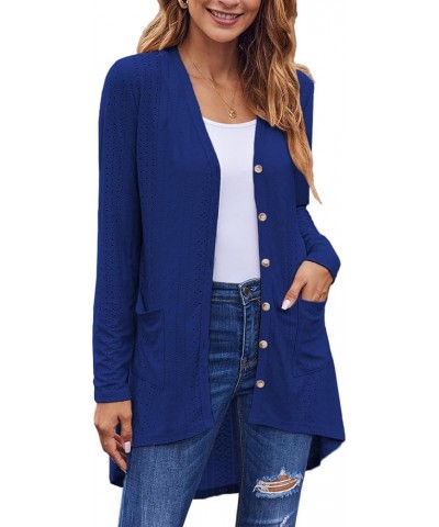 Women's Cardigans Lightweight Long Sleeve Button Down High Low Eyelet Knit Loose Cardigans with Pockets Royal Blue $10.25 Swe...