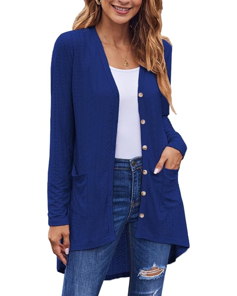 Women's Cardigans Lightweight Long Sleeve Button Down High Low Eyelet Knit Loose Cardigans with Pockets Royal Blue $10.25 Swe...