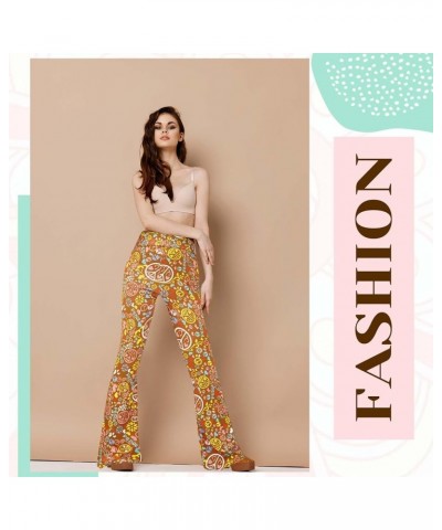 4 Pcs Women's Flare Pants Boho High Waist Bell Bottom Wide Leg Yoga Leggings 70s Print Palazzo Pants Trousers Flower Style Sm...